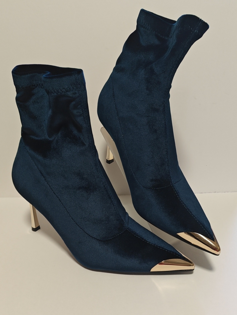 Women's Navy Satin Pointed Toe Stiletto Booties with Gold Accent